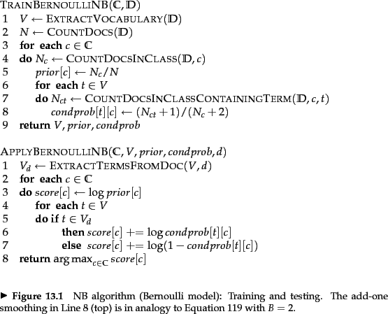 \begin{figure}
% latex2html id marker 16569
\begin{algorithm}{TrainBernoulliNB}{...
...n Line 8 (top) is
in analogy to Equation~\ref{laplace} with $B=2$.}
\end{figure}